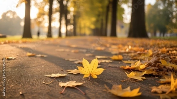 Fototapeta Autumnal scene featuring fallen leaves on a path with trees in the background during the golden hour