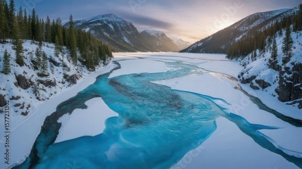Fototapeta Aerial view of turquoise river flowing through a snowy landscape with mountains in the distance