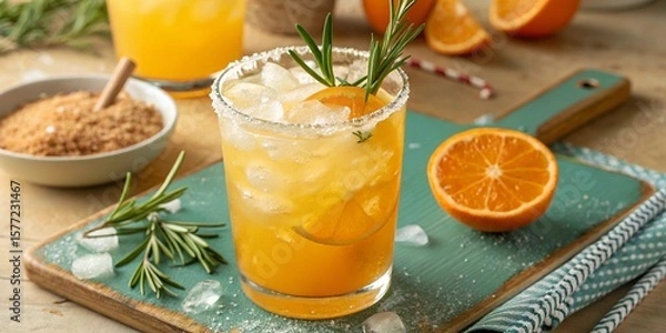 Obraz orangecitrus summer mocktail with ice and rosemary