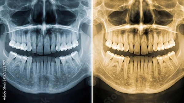 Fototapeta Side-by-side panoramic dental X-rays, one in traditional blue-tinted grayscale and the other in a warm sepia tone, showcasing different visual interpretations of medical imaging