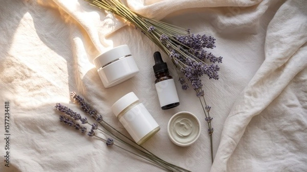 Fototapeta Overhead shot of skincare products with lavender flowers on a white fabric background in soft light