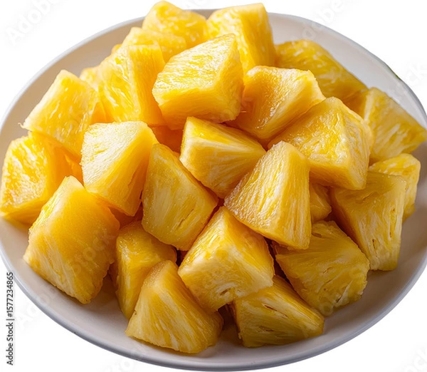 Fototapeta Freshly cut pineapple chunks in a white bowl. Raw material.