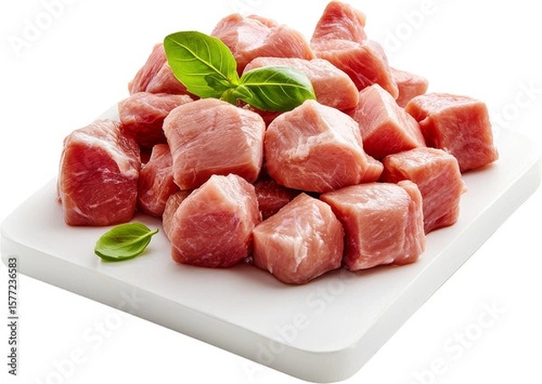 Fototapeta Raw beef cubes with green garnish on a cutting board. Raw material.