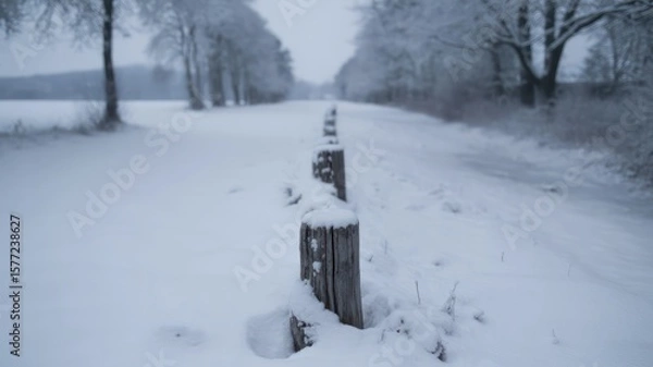 Fototapeta A snowy landscape featuring a wooden fence and snow covered trees along a path in winter scene