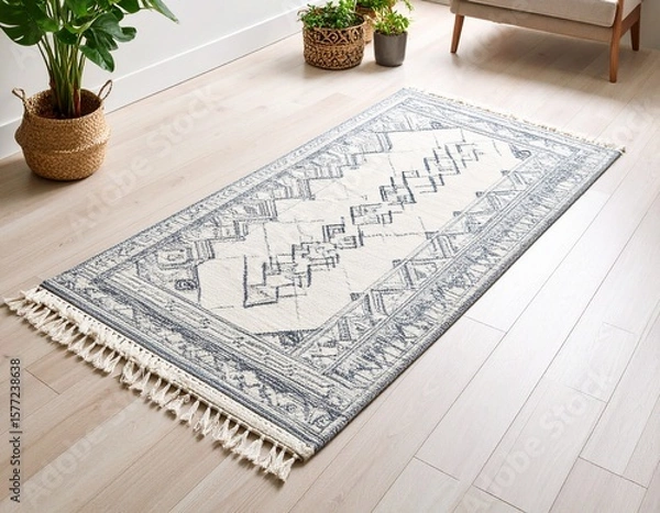Obraz  serene living space features a calm colored rug with simple patterns resting on a light wooden floor, captured from an overhead angle, silhouette