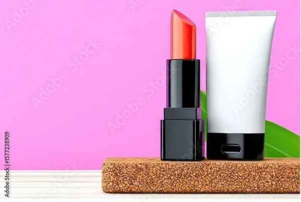 Fototapeta Cosmetic products including lipstick and tube on a wooden stand against a pink background are displayed