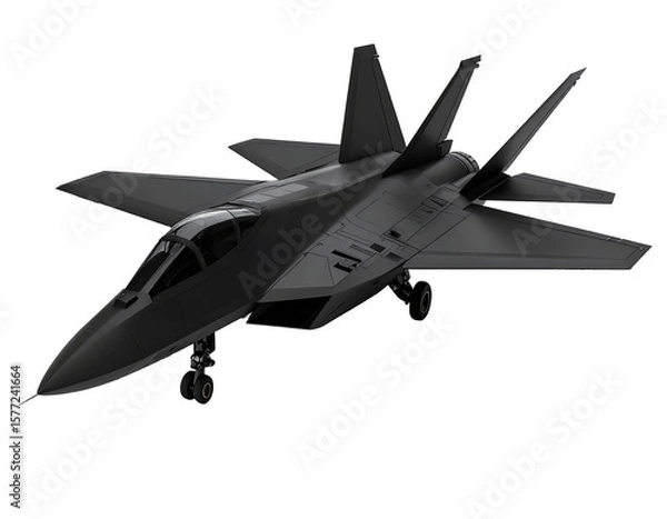 Fototapeta 3D black stealth aircraft icon isolated on transparent background. PNG