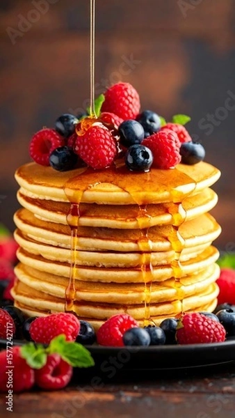 Fototapeta Stacked pancakes topped with fresh raspberries and blueberries, drizzled with honey