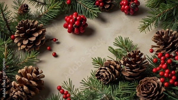 Fototapeta Arreglo navideño con piñas, ramas de abeto y bayas rojas sobre fondo beige