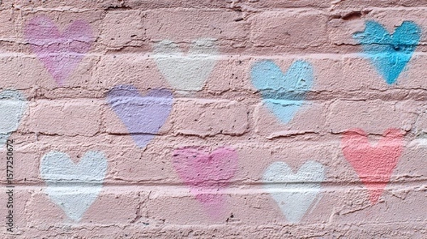 Fototapeta Colorful hearts painted on a pink brick wall create a whimsical and charming background