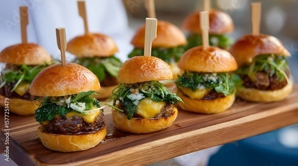 Fototapeta Delicious mini beef sliders with cheese and fresh arugula arranged on a wooden board, perfect for catering.