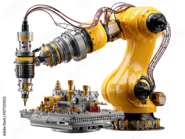 Obraz Robotic Precision: Industrial robot arm demonstrating accuracy and innovation, with the robotic arm meticulously handling components, showcasing technological advancement.