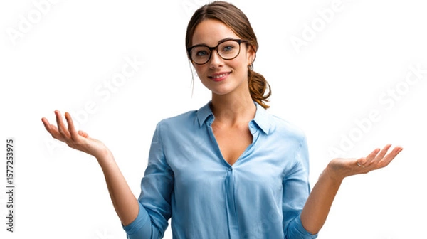 Obraz Poised and Confident: A poised woman, spectacles perched perfectly on her nose, extends her open palms invitingly, conveying an aura of assurance and openness.