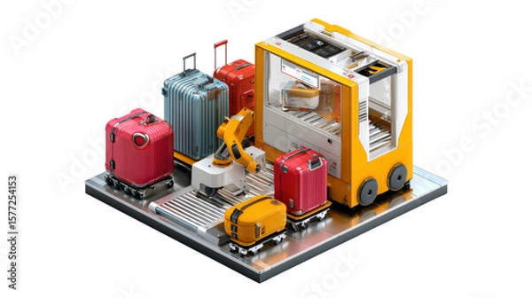 Obraz Modern Luggage Conveyor System: A contemporary display showcasing an automated luggage conveyor system, with an array of vibrant suitcases, robots, and a sleek control unit.