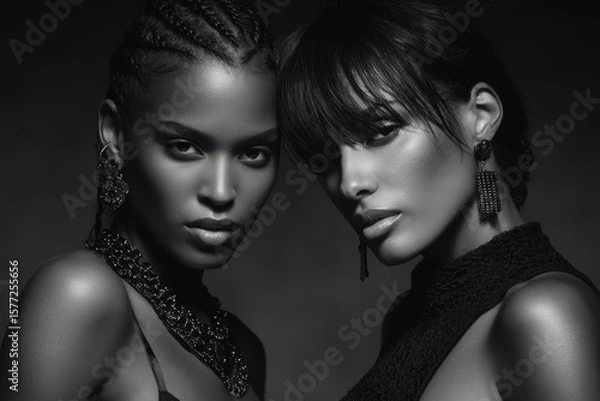 Fototapeta striking black and white portrait of matching models showcasing their unique styles and expressions