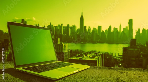 Fototapeta realistic 3d mockup for a laptop with a view of buildings new york city, working hard for the american dream template greenish modern world atmosphere