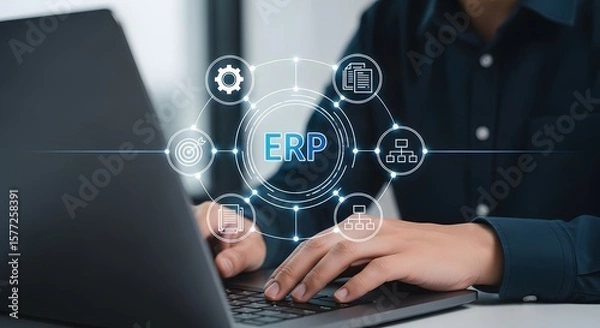 Fototapeta Entrepreneur implementing ERP system on laptop, enterprise resource planning software for business management
