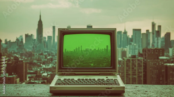 Fototapeta old technology in modern world outdated missing out concept, classical old computer with scene of modern buildings template urban background