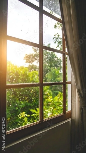 Obraz Sunlit window view of lush greenery