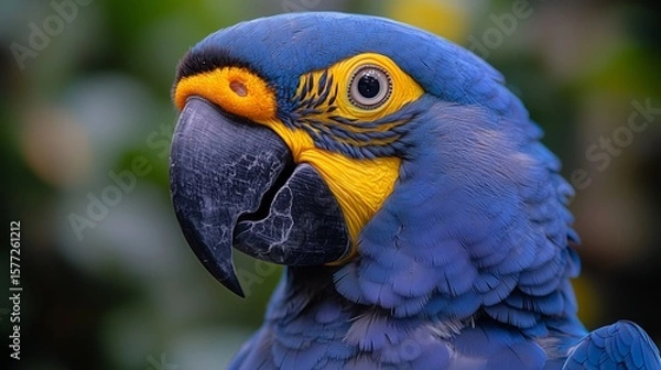 Fototapeta Close up of parrot face, blue and yellow macaw with beautiful feathers on head looking at camera against blurred background in wildlife,