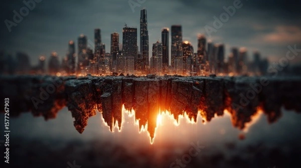 Fototapeta Surreal cityscape with an upside-down skyline reflection, glowing with sunset hues and creating a fantastical, mirror-like scene full of wonder and mystery.