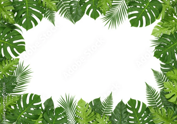 Fototapeta Vibrant green border of glossy Monstera, palm, and fern leaves frames a clean white background in a flat lay studio shot, illuminated by shadowless light. Concept of tropical freshness and copy space