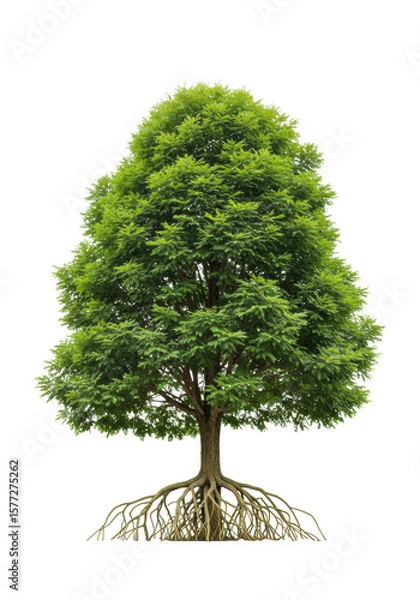 Fototapeta Majestic mature green tree with dense, vibrant foliage and intricate exposed root system, isolated on transparent studio backdrop with high-key lighting, no shadows, precise 3/4 view. Concept of