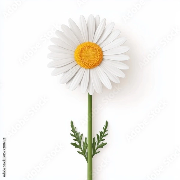 Fototapeta Close-Up of White Daisy Flower with Bright Yellow Center and Green Stem