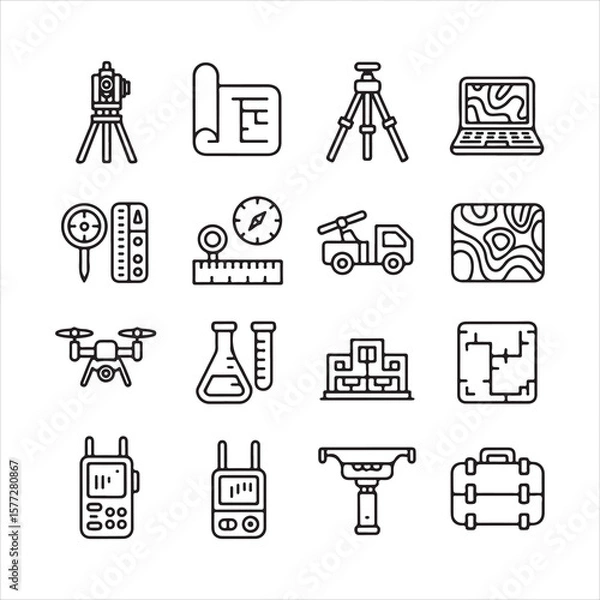 Obraz Surveying & Engineering Line Icons – Construction, Mapping, and Tech Tools