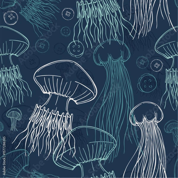 Fototapeta Hand-drawn jellyfish. Vector seamless pattern.