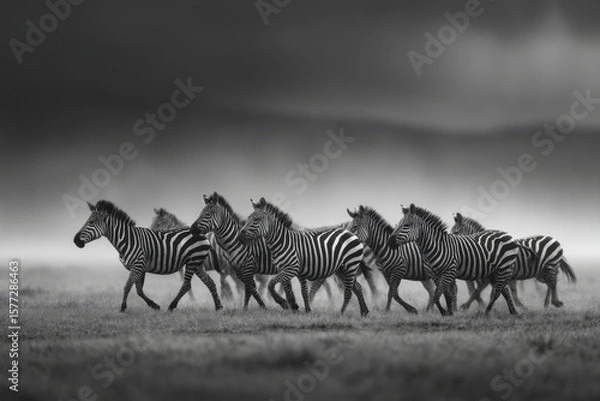 Fototapeta A group of zebras walks across a grassy plain under a dramatic sky, showcasing their unique black and white stripes in serene surroundings