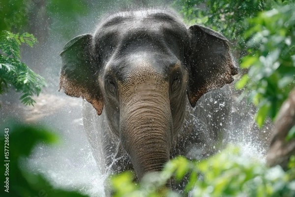 Fototapeta An elephant enjoys splashing water while surrounded by vibrant foliage, creating a beautiful moment in a natural habitat