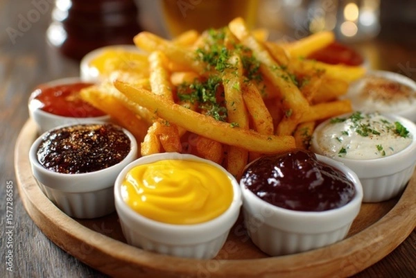 Fototapeta A platter of golden fries is accompanied by multiple dipping sauces, showcasing a tempting selection perfect for sharing over drinks