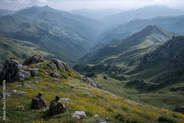 Fototapeta Two soldiers sit on rocky terrain, enjoying stunning views of rolling green hills and valleys under a cloudy sky during patrol