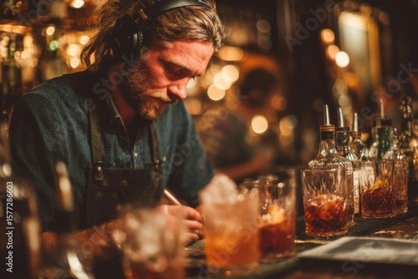 Fototapeta A skilled bartender mixes drinks at a stylish bar, focusing intently on the task amid a warm, inviting atmosphere during a busy night