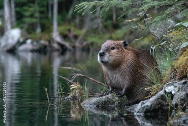 Fototapeta A beaver sits on a rock by the calm water, surrounded by lush greenery and trees, absorbing the peace of the forest in the late afternoon