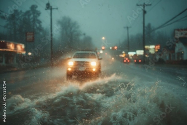 Fototapeta Vehicle struggles through flooded urban street during a heavy rainstorm in the evening, highlighting challenges of inclement weather