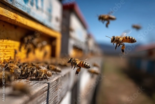 Fototapeta Busy bees are flying around their hives in a sunny field, collecting nectar and pollen on a warm summer day