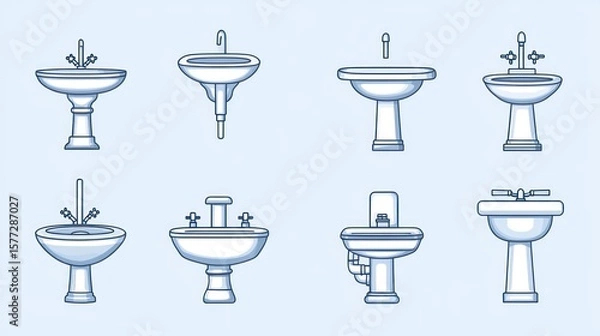 Fototapeta Collection of various sink designs, including pedestal, wall-mounted, and double-basin styles, depicted in a cartoon-like, outline style.