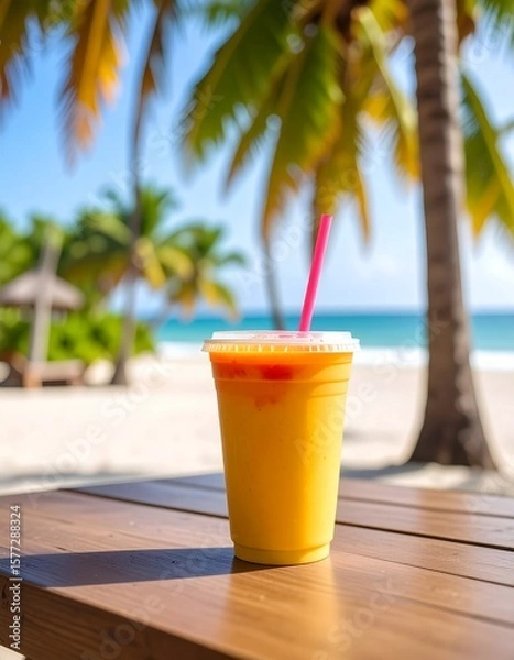 Fototapeta Tropical smoothie on beachside with palm trees.