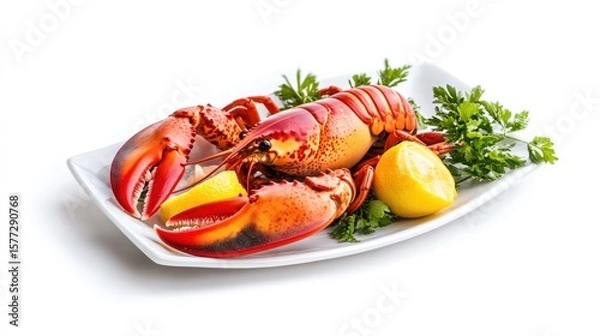 Fototapeta Fresh lobster on a white plate with lemon and parsley.