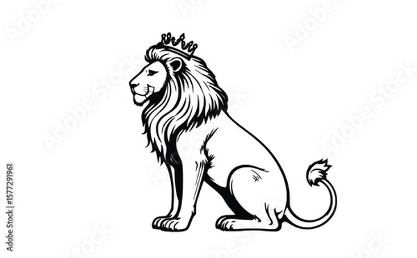 Fototapeta Royal Seated Lion Vector Outline with Crown – Black Line Art on White Background