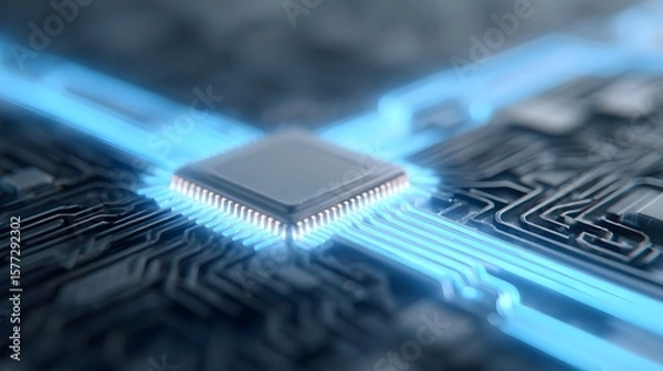 Fototapeta Advanced Microchip on Circuit Board with Illuminated Connections