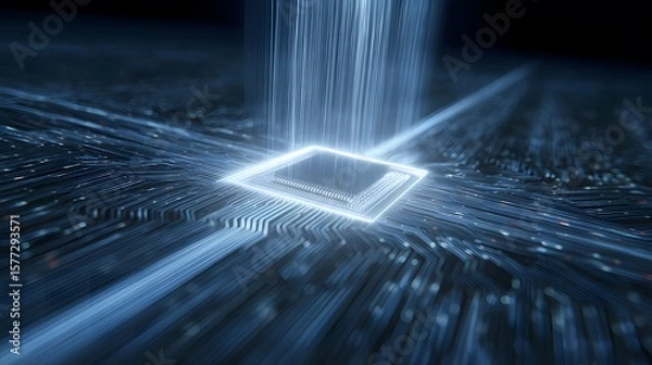 Fototapeta Illuminated Microchip on Circuit Board with Data Streams