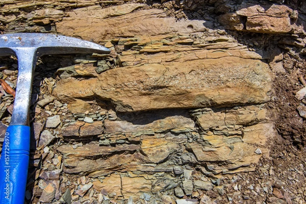 Fototapeta Flysch Sediments with Geological Hammer in Serbia