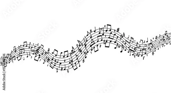 Fototapeta Music notes wave set in black and white, group musical notes on white background.. Dynamic music abstract design
