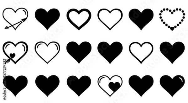 Fototapeta Set of hearts in black color, heart icons set vector, set of hearts different shapes for design. Heart collection. Vector art. Heart, love, romance hearts. Vector icons. Heart love symbol black
