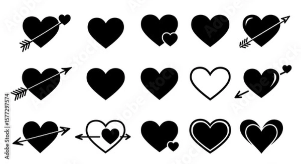 Fototapeta Set of hearts in black color, heart icons set vector, set of hearts different shapes for design. Heart collection. Vector art. Heart, love, romance hearts. Vector icons. Heart love symbol black
