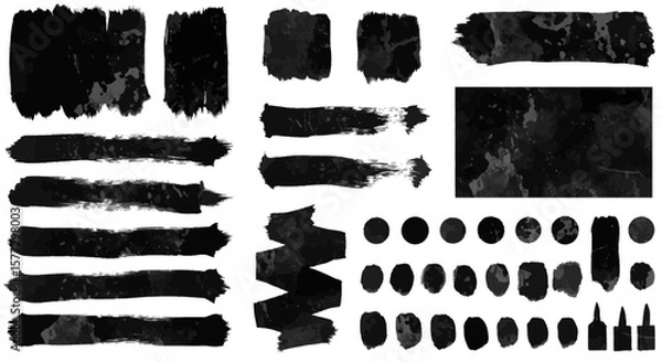 Fototapeta Black paint brush stroke, dirty watercolor overlay texture, grunge design element, box, painted frame, banner clip art and torn paper silhouette collection on white background. Decoration paint brush.
