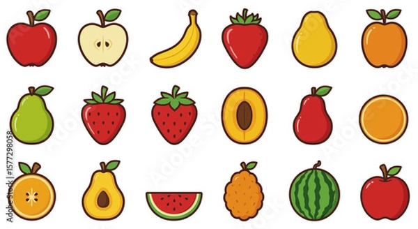 Fototapeta This delightful collection of vector fruit icons features a range of vibrant and fresh designs, including popular fruits like apples, bananas, strawberries, watermelons, and more.
